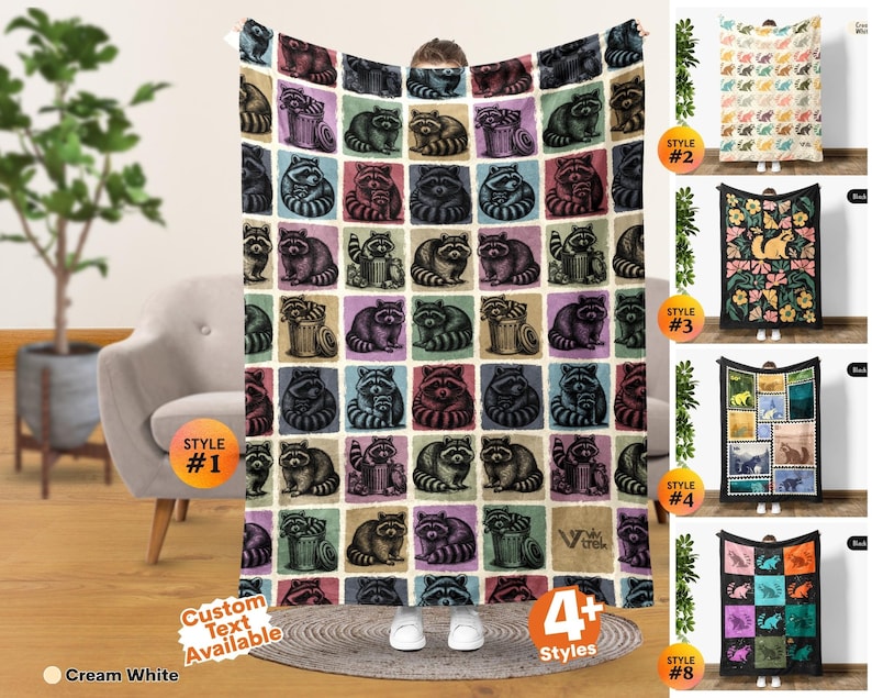 May include: A rectangular throw blanket featuring a grid pattern of illustrated raccoons in various poses, including sitting and standing near trash cans, set against colorful square backgrounds. The design includes the text Vtrek and Custom Text Available.