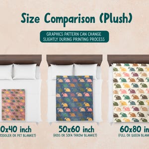 May include: A size comparison chart for plush blankets featuring three beds with blankets in 30x40 inch, 50x60 inch, and 60x80 inch sizes. The blankets display a repeating badger pattern in various colors. Text includes Size Comparison (Plush) and Graphics pattern can change slightly during printing process.