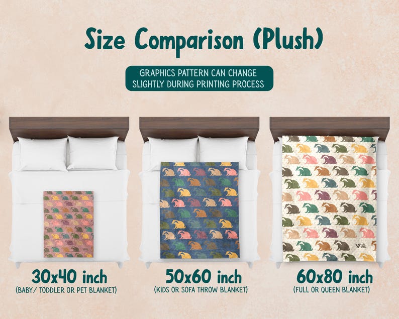 May include: A size comparison chart for plush blankets featuring three beds with blankets in 30x40 inch, 50x60 inch, and 60x80 inch sizes. The blankets display a repeating badger pattern in various colors. Text includes Size Comparison (Plush) and Graphics pattern can change slightly during printing process.