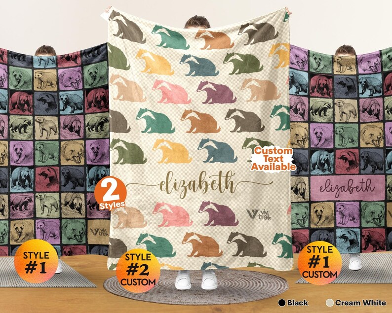 May include: A rectangular fleece blanket featuring a repeating pattern of badger illustrations in various colors. The center blanket has a cream white background with the name elizabeth printed in cursive script and the text Custom Text Available.