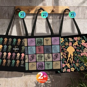 Personalized Jellyfish Tote Bag with Custom Name Initial, Vintage Ocean Jellyfish Shoulder Bag, Cute Jellyfish Lover Gift, Marine Glow Tote