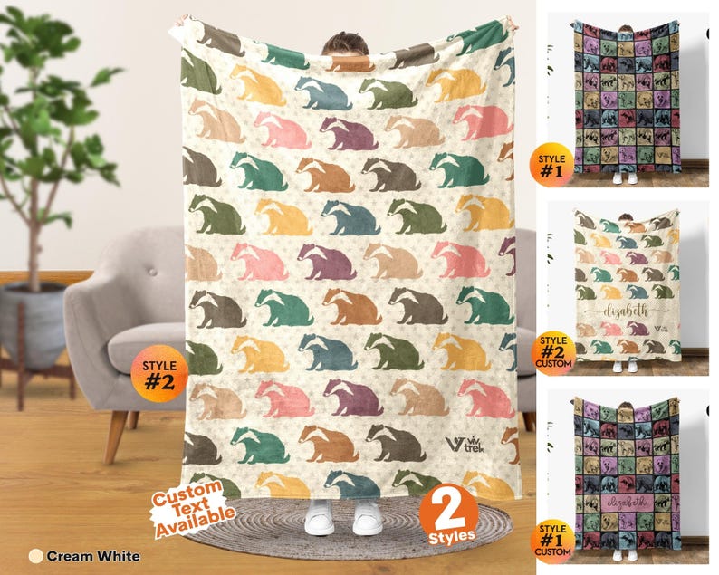 May include: A cream white throw blanket featuring a repeating pattern of stylized badgers in various colors including blue, green, yellow, pink, and brown. The blanket displays the text Viv Trek and offers custom text options in different styles.