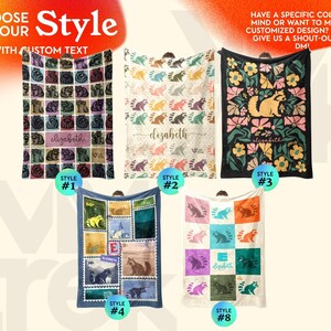 May include: Five rectangular blankets featuring raccoon-themed designs. Style 1 has a grid of raccoons with the name Elizabeth. Style 2 features repeating raccoons on a light background. Style 3 shows a raccoon among flowers. Style 4 mimics postage stamps. Style 8 displays a colorful grid.
