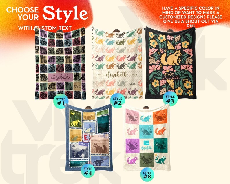 May include: Five rectangular blankets featuring raccoon-themed designs. Style 1 has a grid of raccoons with the name Elizabeth. Style 2 features repeating raccoons on a light background. Style 3 shows a raccoon among flowers. Style 4 mimics postage stamps. Style 8 displays a colorful grid.