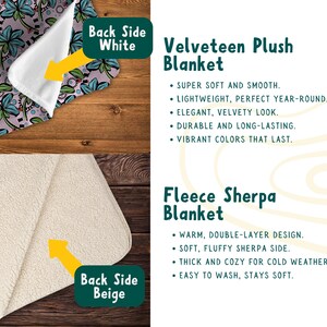 May include: A Velveteen Plush blanket with a light pink background and blue floral pattern featuring a white back side, and a Fleece Sherpa blanket with a beige textured back side. Text includes Velveteen Plush Blanket and Fleece Sherpa Blanket.