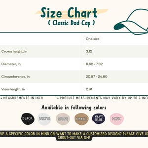 Może przedstawiać: Tabela rozmiar&oacute;w dla klasycznej czapki typu dad cap, z wymiarami w calach: wysokość korony 7,92 cm, średnica 16,81-19,35 cm, obw&oacute;d 53,01-63 cm i długość daszka 7,39 cm. Dostępne kolory to czarny, biały, kamienny, khaki, granatowy i r&oacute;żowy.
