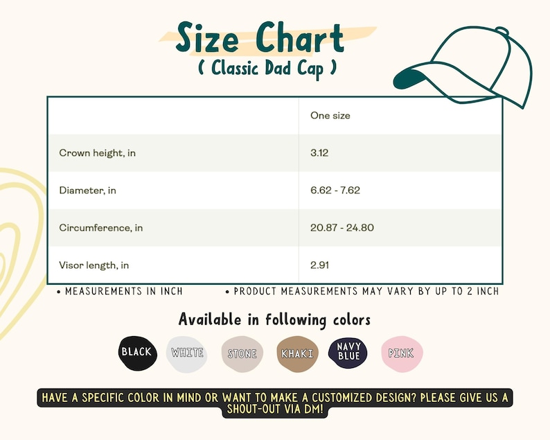 Może przedstawiać: Tabela rozmiar&oacute;w dla klasycznej czapki typu dad cap, z wymiarami w calach: wysokość korony 7,92 cm, średnica 16,81-19,35 cm, obw&oacute;d 53,01-63 cm i długość daszka 7,39 cm. Dostępne kolory to czarny, biały, kamienny, khaki, granatowy i r&oacute;żowy.