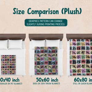 May include: A size comparison chart for plush blankets featuring a shark pattern. Three beds are shown with blankets in sizes 30x40 inch, 50x60 inch, and 60x80 inch. Text reads: Size Comparison (Plush), GRAPHICS PATTERN CAN CHANGE SLIGHTLY DURING PRINTING PROCESS.