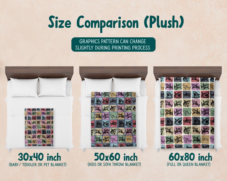 May include: A size comparison chart for plush blankets featuring a shark pattern. Three beds are shown with blankets in sizes 30x40 inch, 50x60 inch, and 60x80 inch. Text reads: Size Comparison (Plush), GRAPHICS PATTERN CAN CHANGE SLIGHTLY DURING PRINTING PROCESS.