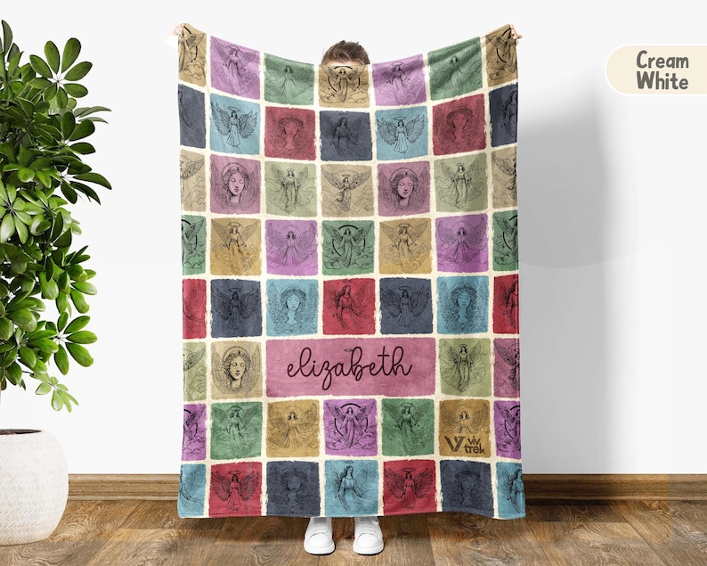 Personalized Vintage Angel Throw Blanket, Custom Cozy Spiritual Gift, Religious Faith Home, Unique Believer Blanket, Angelic Messenger Throw