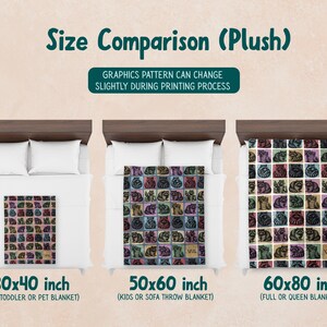 May include: A size comparison chart for plush blankets featuring a raccoon pattern. Three blankets are shown on beds in sizes 30x40 inch, 50x60 inch, and 60x80 inch. Text includes Size Comparison (Plush) and Graphics pattern can change slightly during printing process.