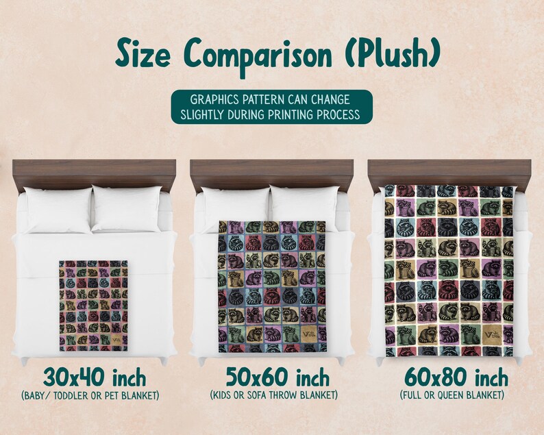 May include: A size comparison chart for plush blankets featuring a raccoon pattern. Three blankets are shown on beds in sizes 30x40 inch, 50x60 inch, and 60x80 inch. Text includes Size Comparison (Plush) and Graphics pattern can change slightly during printing process.