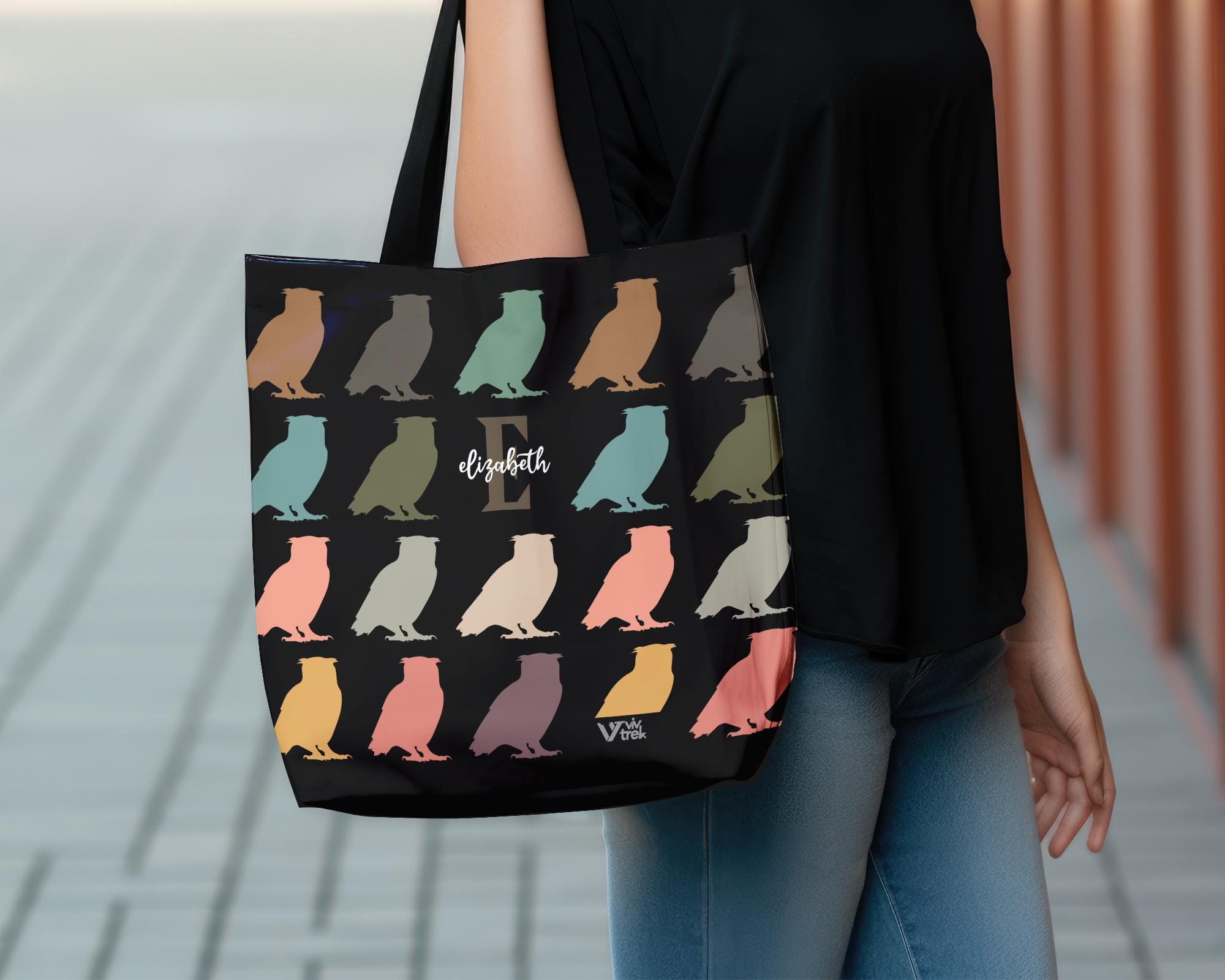 Personalized Owl Tote Bag, Custom Name & Initial Bird Lover Gift, Retro Owl Graphic Shopper, Vin