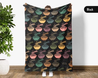 Manta retro de fideos ramen, regalo divertido para amantes de la comida, acogedora manta con arte japonés de fideos, decoración retro de ramen instantáneo, adorable manta para sofá con refrigerio