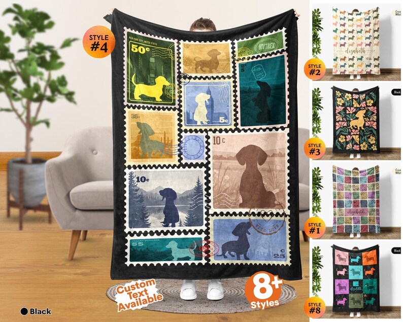 May include: A black fleece blanket featuring a collage of vintage-style postage stamp designs, each displaying a silhouette of a dachshund dog in various colors and settings, including forest, city, and landscape scenes with numerical values.