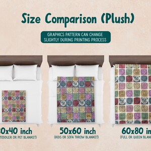 May include: A size comparison of plush blankets, showcasing three different sizes: 30x40 inches, 50x60 inches, and 60x80 inches. Each blanket features a colorful, square pattern. The text indicates the blankets are suitable for babies, toddlers, pets, kids, sofas, and full or queen beds.