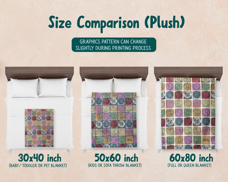 May include: A size comparison of plush blankets, showcasing three different sizes: 30x40 inches, 50x60 inches, and 60x80 inches. Each blanket features a colorful, square pattern. The text indicates the blankets are suitable for babies, toddlers, pets, kids, sofas, and full or queen beds.