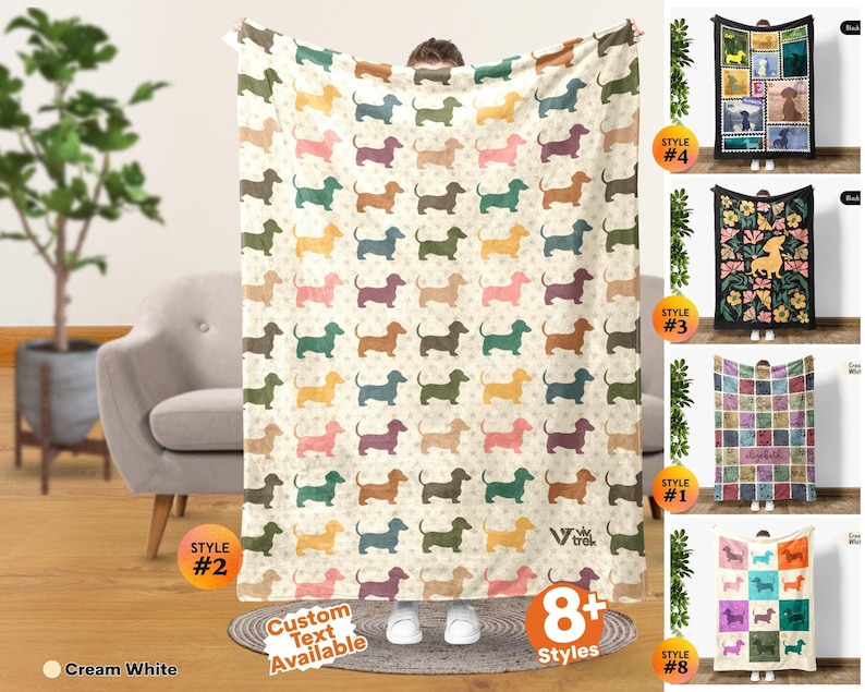 May include: A cream-colored throw blanket featuring a repeating pattern of dachshund silhouettes in various colors including teal, yellow, pink, and brown. The blanket includes the text 'viv trek' and 'Custom Text Available' with eight style options.