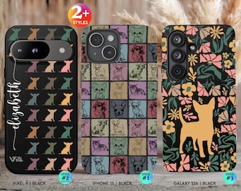 May include: Three black phone cases for Pixel 9, iPhone 15, and Galaxy S26. The first features a grid of chihuahua silhouettes and the name Elizabeth. The second has a grid of various chihuahua illustrations. The third displays a floral pattern with a single chihuahua silhouette.
