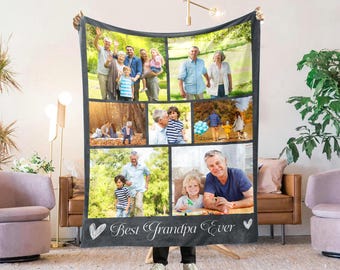 Custom Grandpa Photo Blanket, Personalized Grandfather Throw Gift, Grandkids Name Blanket for Birthday, Christmas, or Father’s Day