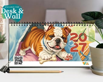May include: A horizontal desk calendar for 2027 featuring a colorful illustration of a brown and white bulldog puppy with a blue collar holding a bone. The calendar includes a QR code in the bottom left corner and the text Available for Desk & Wall.