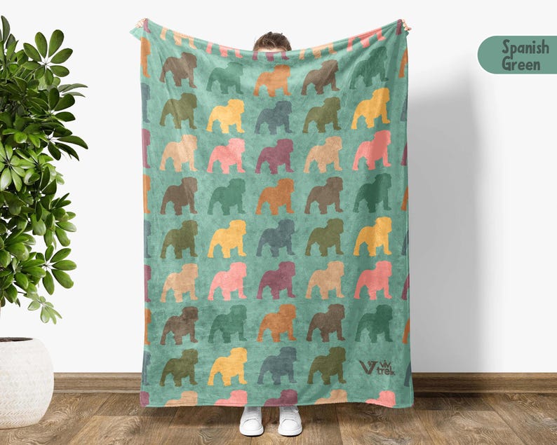 Bulldog Lover Blanket, Vintage Bulldog Throw Blanket, Easily Distracted By Bulldog Blanket, Animal Lover Gift, Retro Graphic Throw Spanish Green