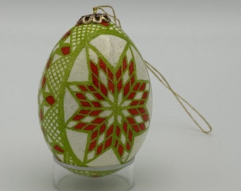 Chicken Shell Pysanka Ornament in Light Green and Red