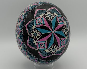 Blue and Pink Small Ostrich Egg Pysanka - Star Motif
