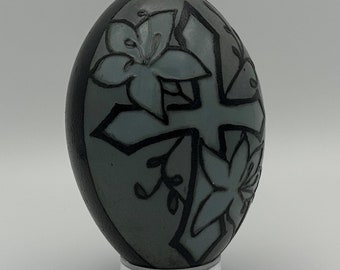 Emu Shell Pysanka - Etched Floral Cross
