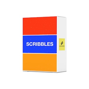 May include: A box with the word "Scribbles" in white letters on a blue background. The box is red, blue, and orange. The box has a small yellow sticker with the text "Love & Laughter" and a symbol of an infinity sign.