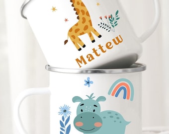 Personalised Enamel mug, Safari animal mug, toddlers gift, children's mug, mug personalized, kindergarten, tin cup, back to schoolgift