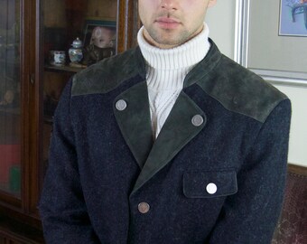 Trachten Jacket, Austrian Vintage Charcoal Gray Wool Alpaca Blend Blazer with Faux Suede Shoulder Panels: Size 44 US/UK