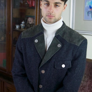 Trachten Jacket, Austrian Vintage Charcoal Gray Wool Alpaca Blend Blazer with Faux Suede Shoulder Panels: Size 44 US/UK