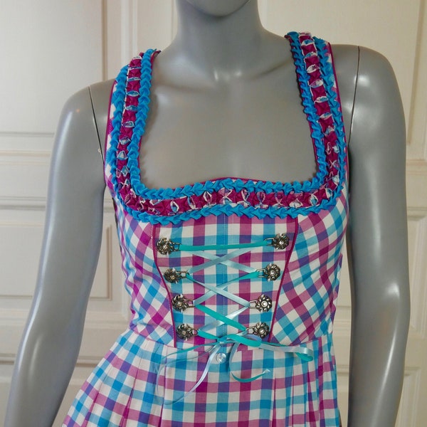 Dirndl Dress, Turquoise Fuchsia et White Nappe Check: Taille 4 US, 8 UK