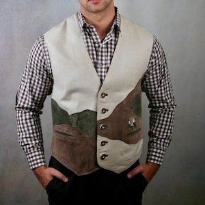 Octoberfest Vest, Linen & Leather 90s German Vintage Trachten Style Waistcoat with Embroidered Edelweiss, Size 42 US/UK