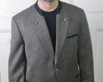 Gray Wool Blazer, 90s European Vintage Band Collar Single-Breasted Trachten Jacket
