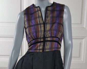 Sleeveless Austrian Dress, 1990s Vintage Jumper Dress w Bronze Purple Gold Plaid Top and Black-on-Black Floral Skirt: Size 6 US, 10 UK