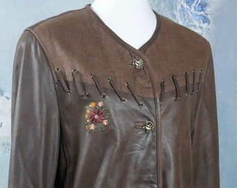 Vintage Brown Leather Jacket with Embroidered Flowers, 1990s German Western Trachten Style: Size 14 US, 18 UK