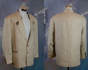 Beige Linen Blazer, Men&#39;s 1990s Vintage Trachten Jacket with Faux Antler Buttons: Size 46 US / UK