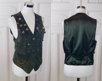 Green Suede Vest Covered with Antique Buttons, 1990s German Vintage Leather Waistcoat: Size 10 US, 14 UK