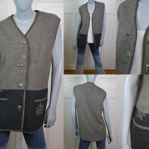 Long Wool Vest, Light Brown and Charcoal Gray Traditional Bavarian Trachten Folk Style 90s Austrian Vintage Waistcoat, Size Extra Large