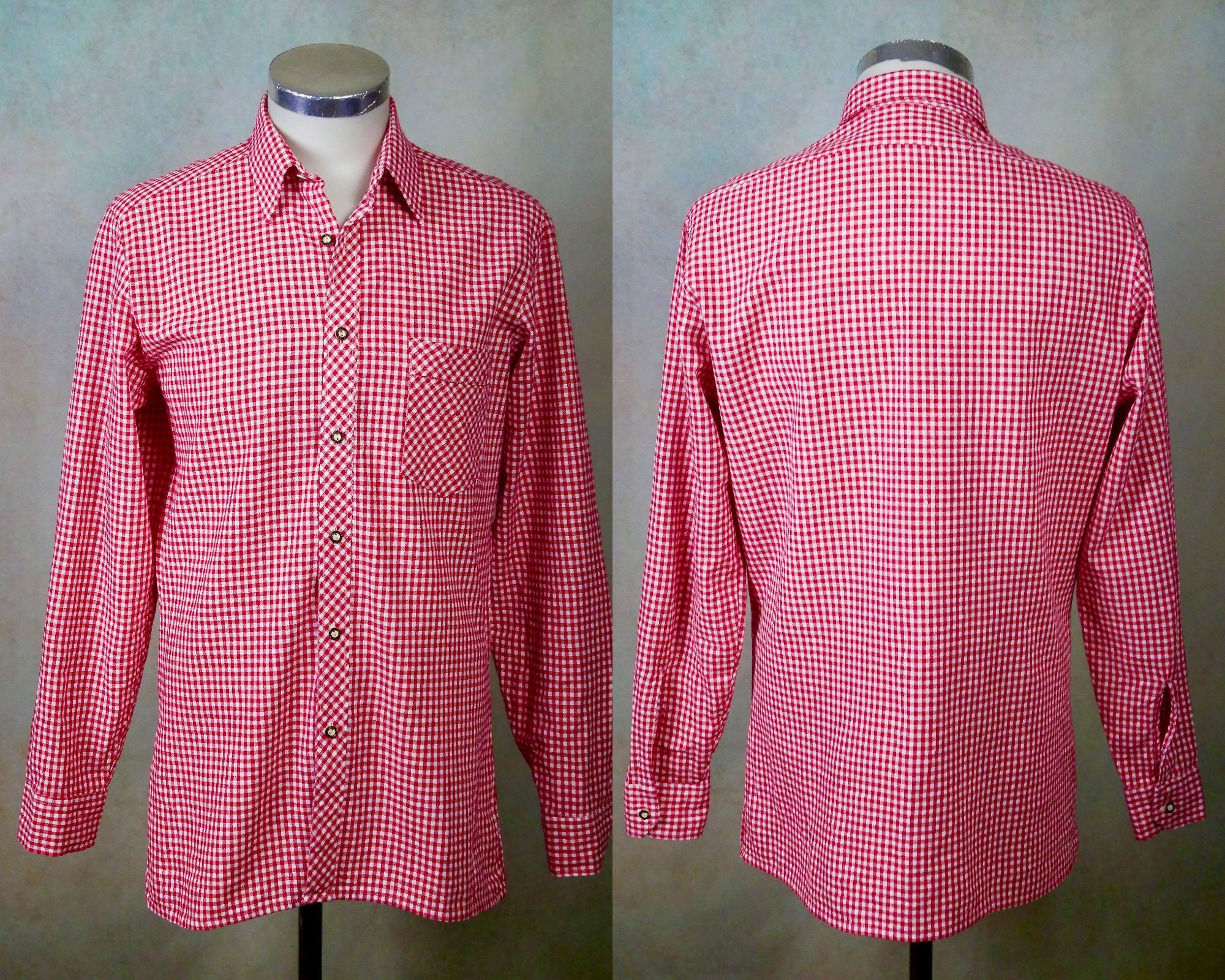 Red and White Gingham Check Shirt, 90s Vintage Clothing, Bavarian 