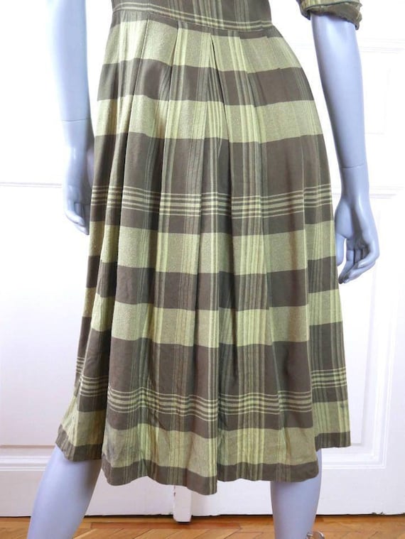 Green & Gray Plaid Summer Prairie Dress, 1990s Ge… - image 10