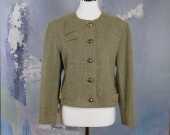 Heather Green Tweed Blazer, European Vintage Wool Blend Collarless Cropped Jacket: Size 10 US, 14 UK