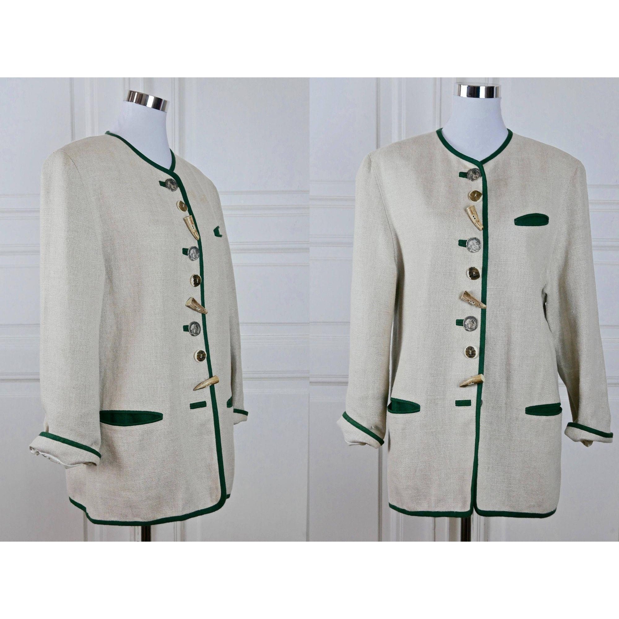 Cream Linen Jacket With Green Trim, Austrian Vintage Embroidered Jacket