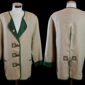 Long Linen Jacket, Size XXL 90s Austrian Vintage Beige & Green