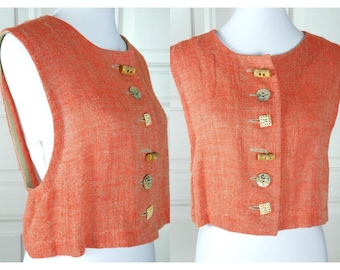Orange Vest, 1990s Austrian Vintage Cropped Linen Waistcoat: Size 12 US, 16 UK