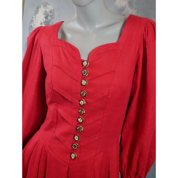 Red Linen Dress, 1990s German Vintage Bavarian Tracht… Gem