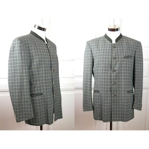 Österreichische Trachtenjacke, 1980er Jahre Vintage Grün und Grau Kariert Tirol Janker Blazer: Größe Medium