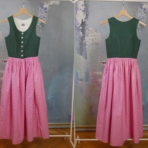 Size 0 Dirndl, Green & Pink Trachten Dress, German Vintage Octoberfest Linen Cotton Blend Sleeveless Jumper: Size 0 US, 4 UK